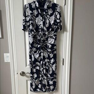 White House Black Market Blue and White Ruched Wrap Midi Dress